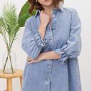  Blue B Washed Denim Puff 3/4 Sleeve Button Up Shirt Dress, Blue 22139D