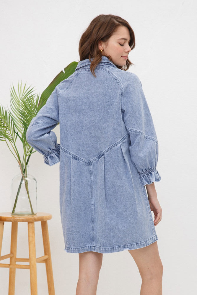 Blue B Washed Denim Puff 3/4 Sleeve Button Up Shirt Dress, Blue 22139D