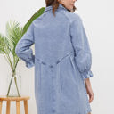  Blue B Washed Denim Puff 3/4 Sleeve Button Up Shirt Dress, Blue 22139D