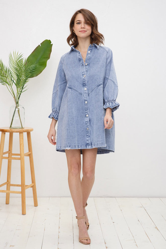 Blue B Washed Denim Puff 3/4 Sleeve Button Up Shirt Dress, Blue 22139D