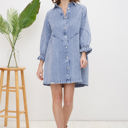  Blue B Washed Denim Puff 3/4 Sleeve Button Up Shirt Dress, Blue 22139D