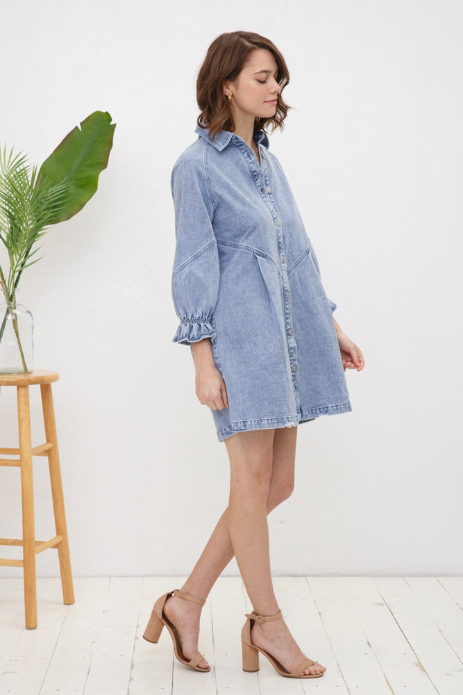 Blue B Washed Denim Puff 3/4 Sleeve Button Up Shirt Dress, Blue 22139D