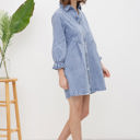  Blue B Washed Denim Puff 3/4 Sleeve Button Up Shirt Dress, Blue 22139D