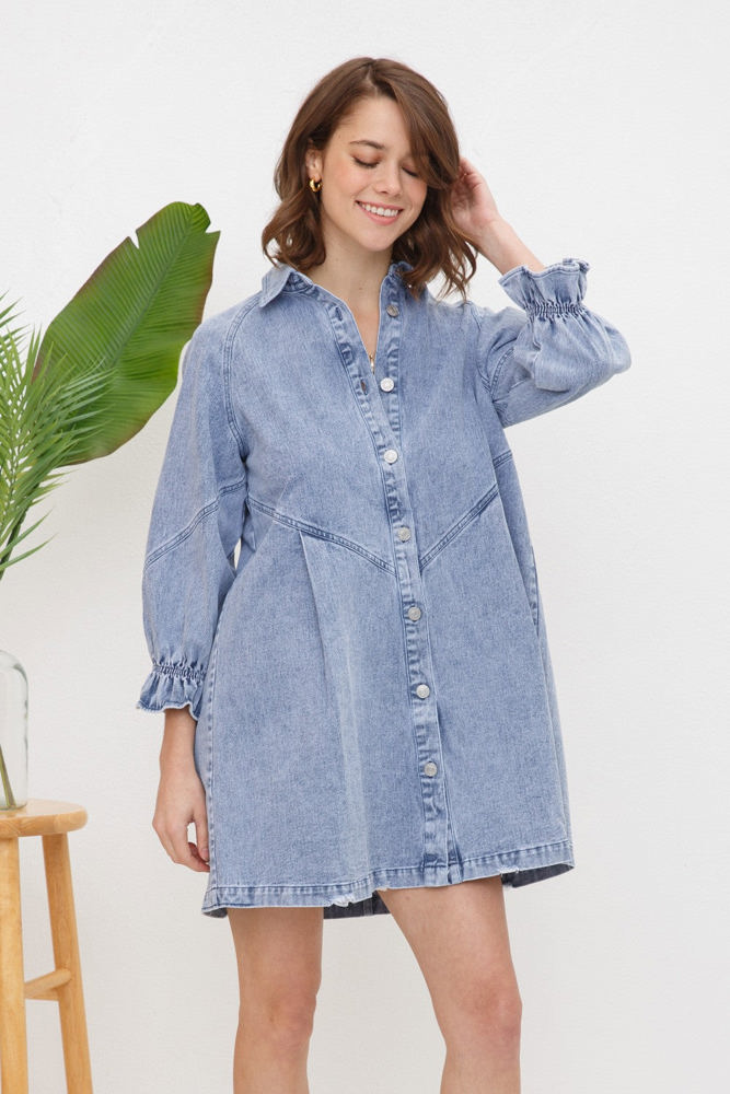 Blue B Washed Denim Puff 3/4 Sleeve Button Up Shirt Dress, Blue 22139D