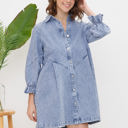  Blue B Washed Denim Puff 3/4 Sleeve Button Up Shirt Dress, Blue 22139D