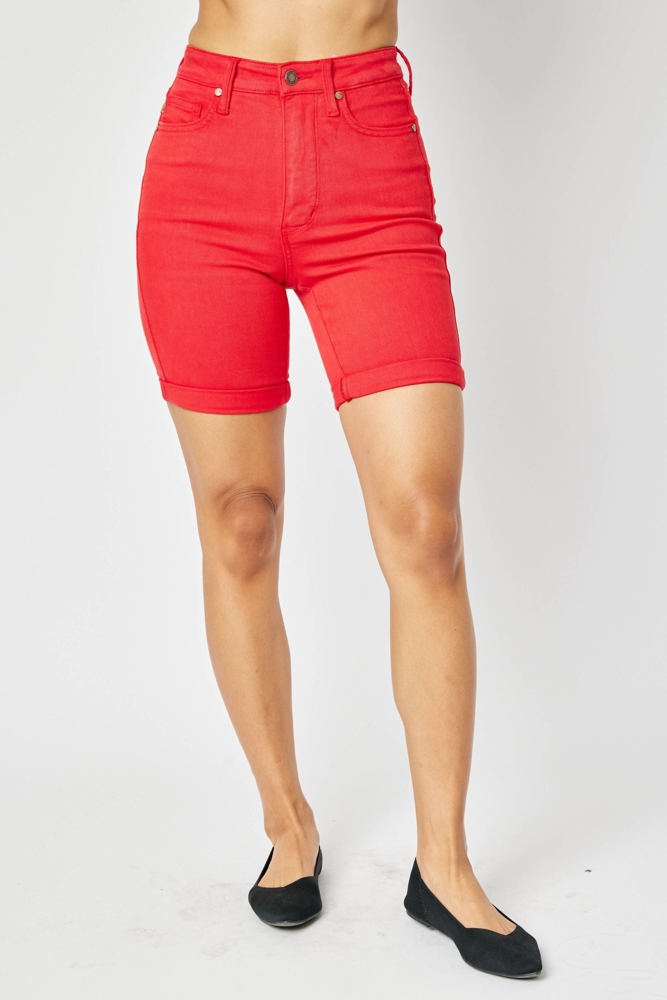 Judy Blue High Waist Garment Dyed Tummy Control Red Bermuda Denim Short 150279