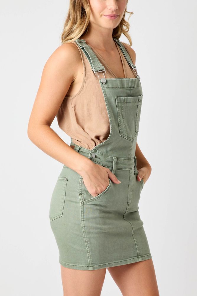 Judy Blue High Waist Garment Dyed Sage Overall Skirt Denim Dress 2822