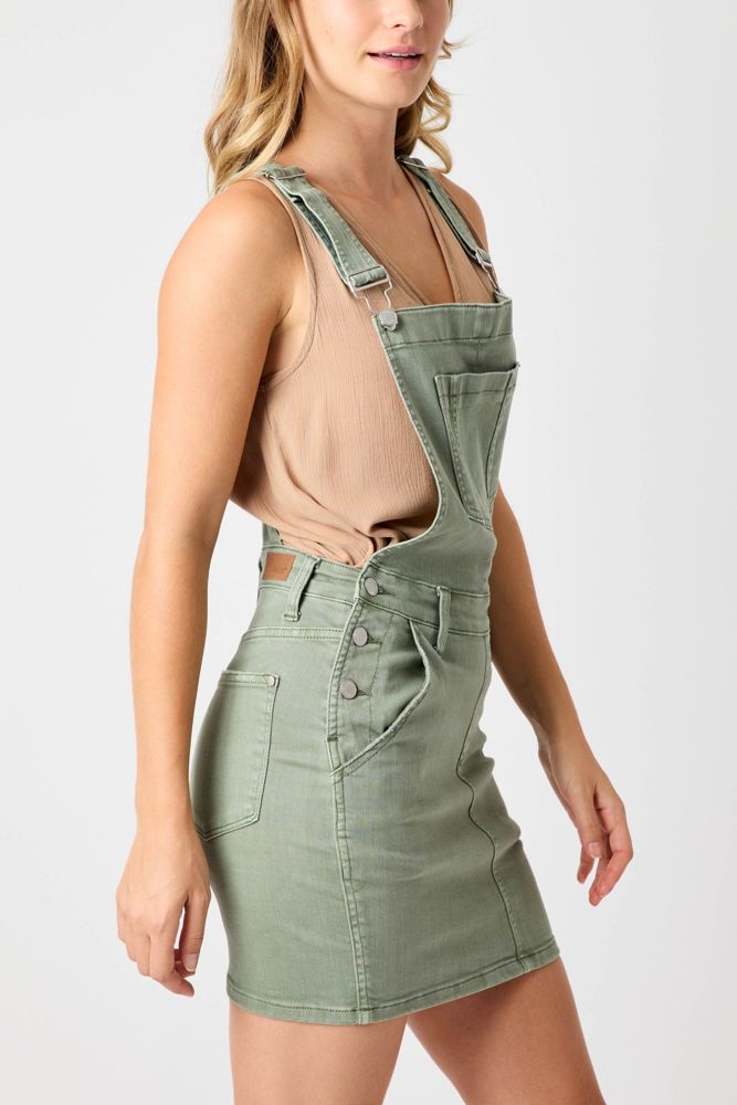 Judy Blue High Waist Garment Dyed Sage Overall Skirt Denim Dress 2822