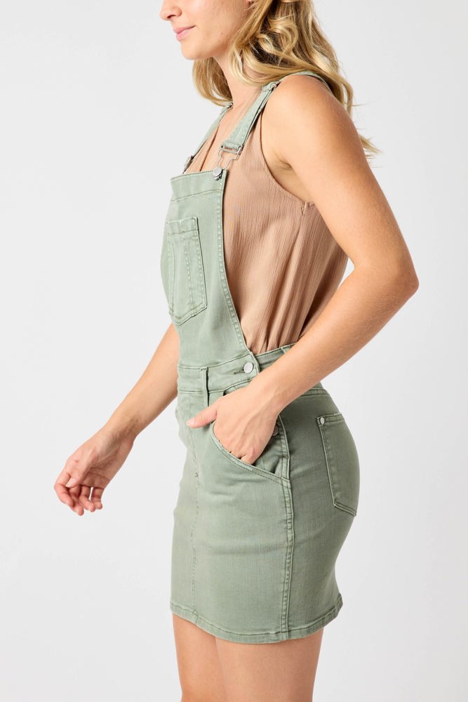 Judy Blue High Waist Garment Dyed Sage Overall Skirt Denim Dress 2822