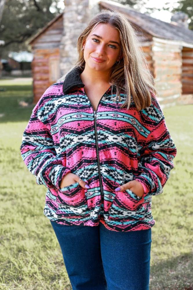 Southern Grace Mountain Time Zip Up Jacket, Aztec