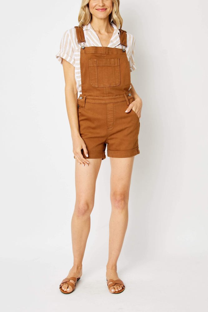 Judy Blue High Waist Garment Dyed Brown Destroy Cuffed Overall Denim Short 150241