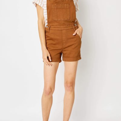 Judy Blue High Waist Garment Dyed Brown Destroy Cuffed Overall Denim Short 150241