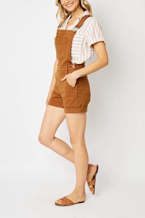 Judy Blue High Waist Garment Dyed Brown Destroy Cuffed Overall Denim Short 150241