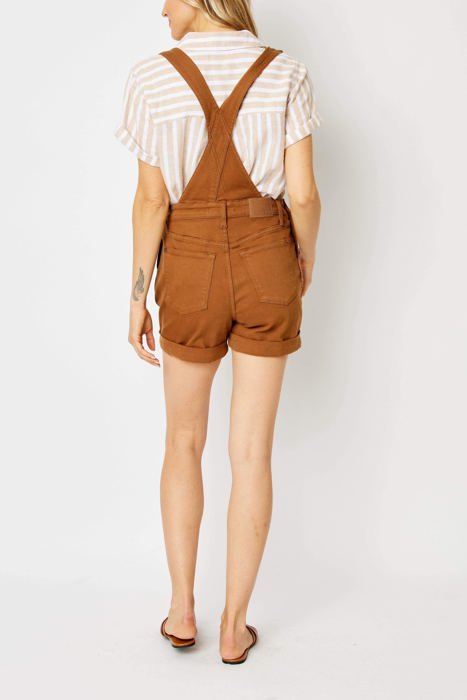 Judy Blue High Waist Garment Dyed Brown Destroy Cuffed Overall Denim Short 150241