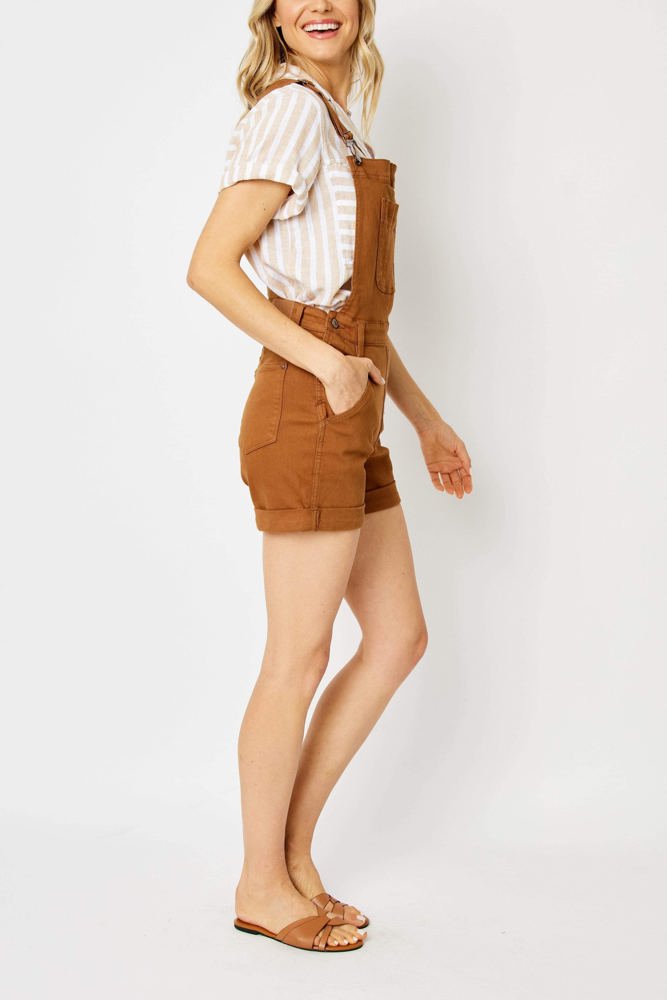 Judy Blue High Waist Garment Dyed Brown Destroy Cuffed Overall Denim Short 150241