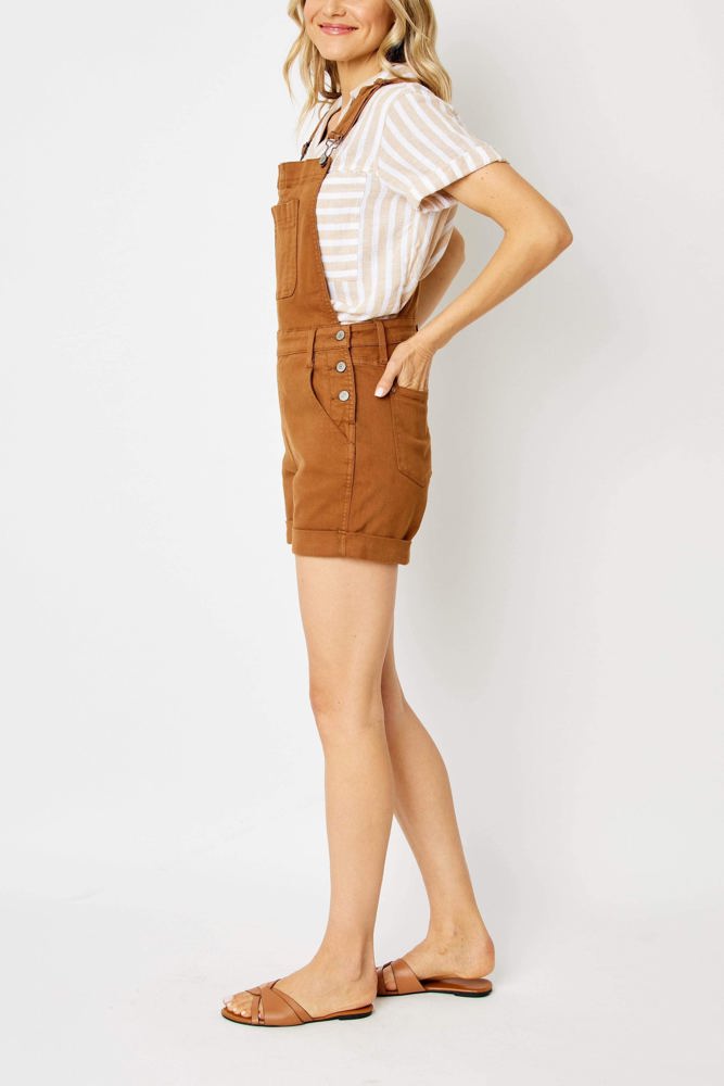 Judy Blue High Waist Garment Dyed Brown Destroy Cuffed Overall Denim Short 150241