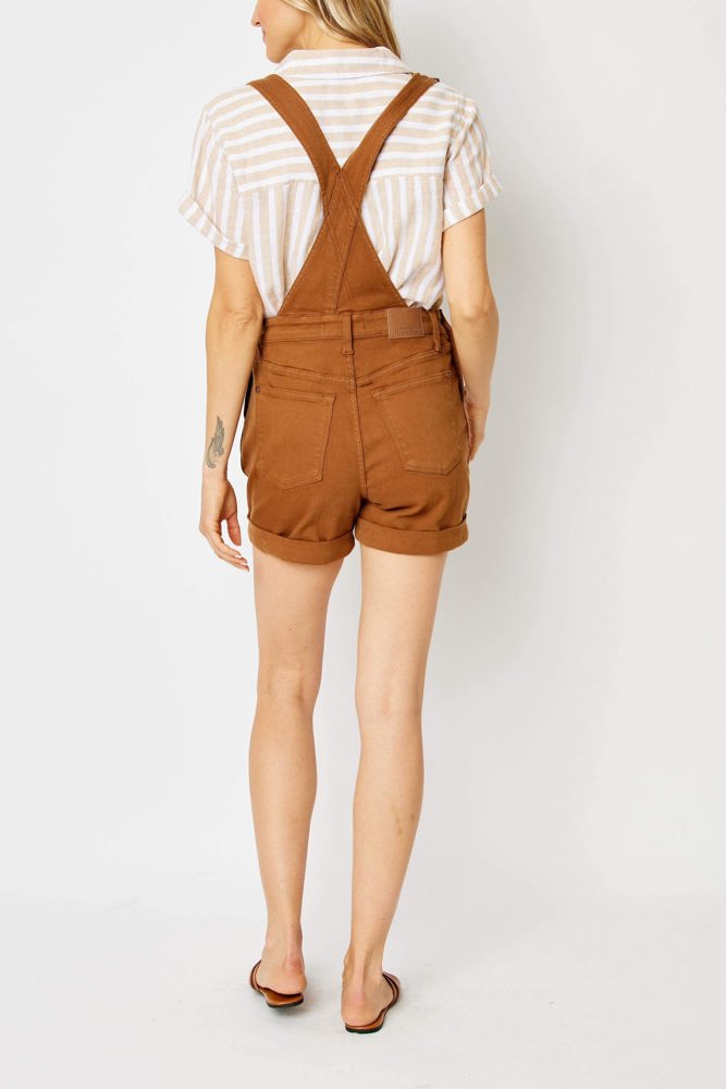 Judy Blue High Waist Garment Dyed Brown Destroy Cuffed Overall Denim Short 150241