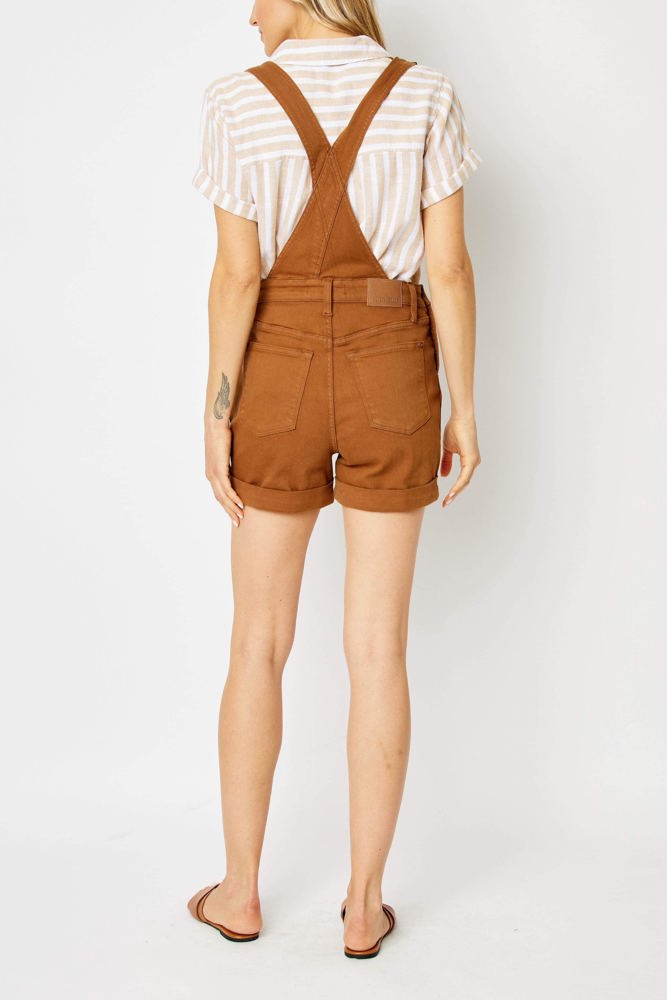 Judy Blue High Waist Garment Dyed Brown Destroy Cuffed Overall Denim Short 150241