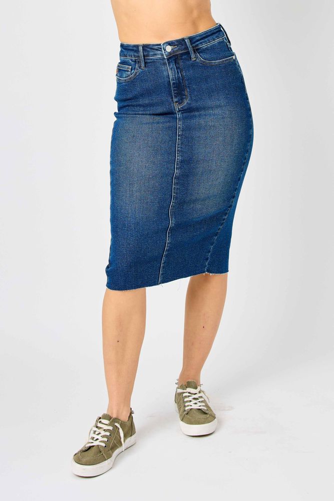 Judy Blue High Waist Back Slit Hem Mid Length Denim Skirt 2831