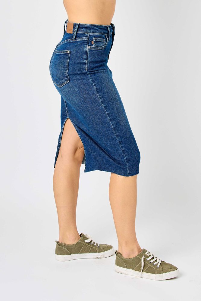 Judy Blue High Waist Back Slit Hem Mid Length Denim Skirt 2831