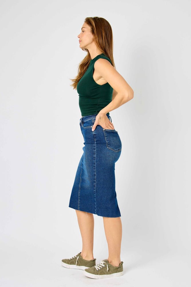 Judy Blue High Waist Back Slit Hem Mid Length Denim Skirt 2831