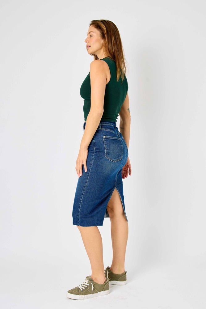 Judy Blue High Waist Back Slit Hem Mid Length Denim Skirt 2831