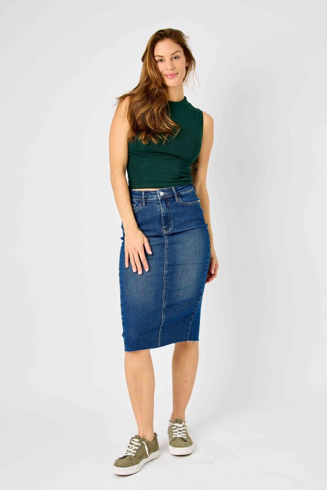 Judy Blue High Waist Back Slit Hem Mid Length Denim Skirt 2831