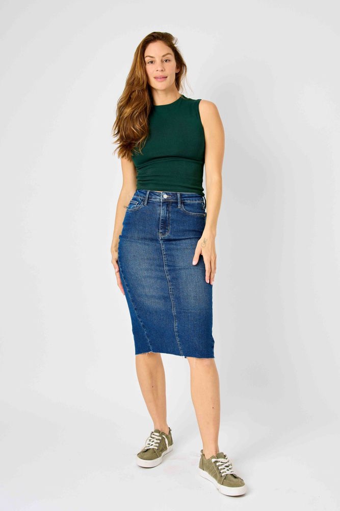 Judy Blue High Waist Back Slit Hem Mid Length Denim Skirt 2831