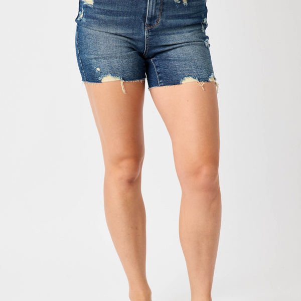 Judy Blue High Waist Mild Destroy Cut Offs Mid Length Denim Short 150127