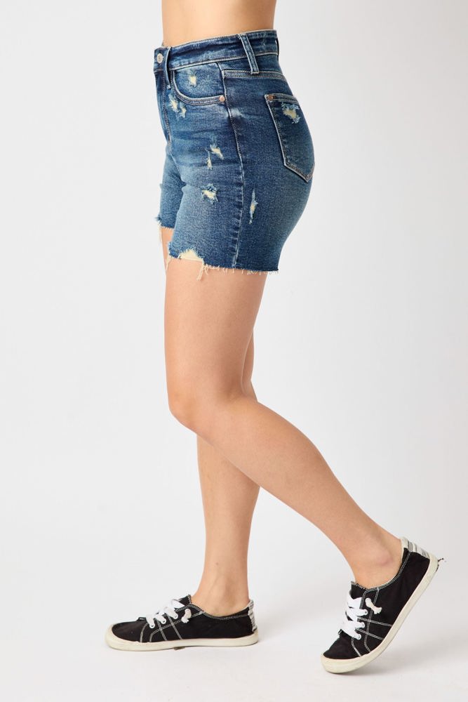 Judy Blue High Waist Mild Destroy Cut Offs Mid Length Denim Short 150127