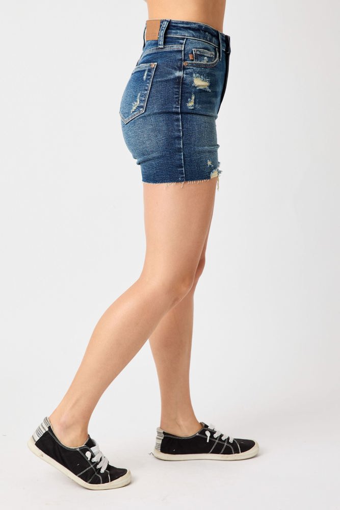 Judy Blue High Waist Mild Destroy Cut Offs Mid Length Denim Short 150127