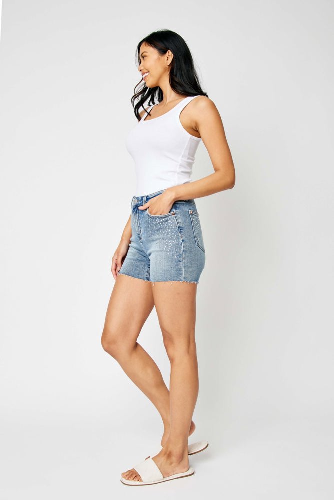 Judy Blue High Waist Rhinestone Embellishment Cut Off Denim Short 150274