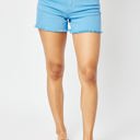  Judy Blue Mid Rise Garment Dyed Sky Blue Shield Pockets Fray Hem Denim Short 150267