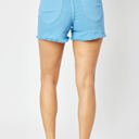  Judy Blue Mid Rise Garment Dyed Sky Blue Shield Pockets Fray Hem Denim Short 150267