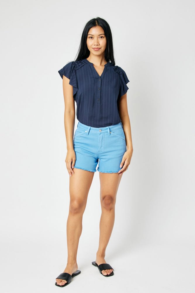 Judy Blue Mid Rise Garment Dyed Sky Blue Shield Pockets Fray Hem Denim Short 150267