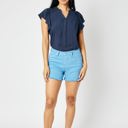  Judy Blue Mid Rise Garment Dyed Sky Blue Shield Pockets Fray Hem Denim Short 150267