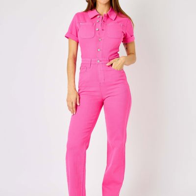 Judy Blue High Waist Garment Dyed Hot Pink Short Sleeve Straight Denim Jumpsuit 88834