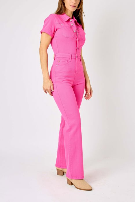 Judy Blue High Waist Garment Dyed Hot Pink Short Sleeve Straight Denim Jumpsuit 88834