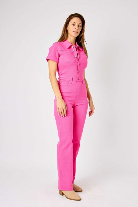 Judy Blue High Waist Garment Dyed Hot Pink Short Sleeve Straight Denim Jumpsuit 88834