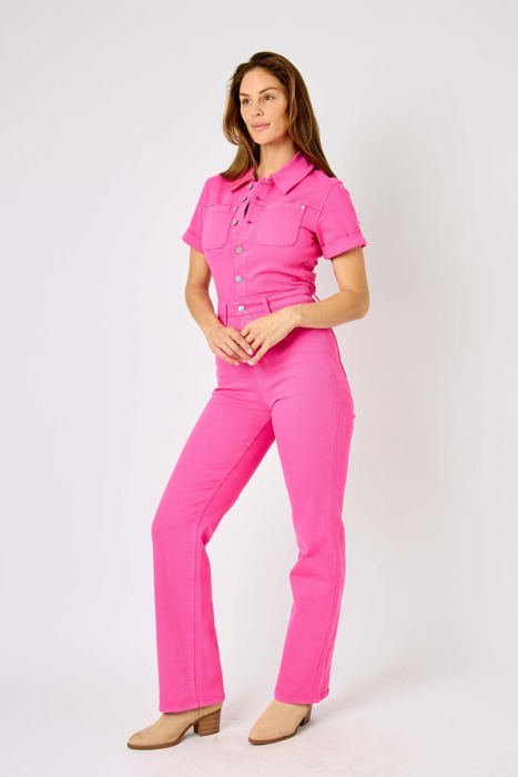 Judy Blue High Waist Garment Dyed Hot Pink Short Sleeve Straight Denim Jumpsuit 88834