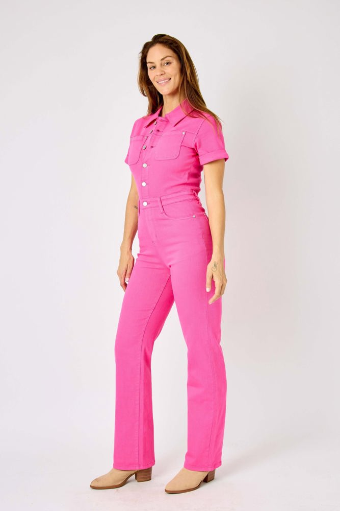 Judy Blue High Waist Garment Dyed Hot Pink Short Sleeve Straight Denim Jumpsuit 88834