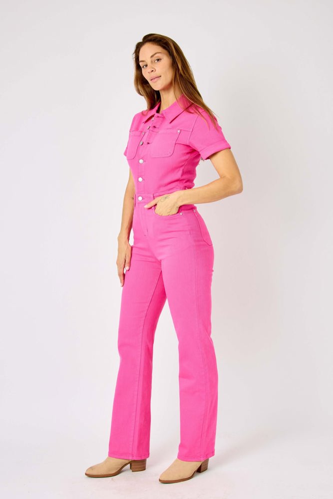 Judy Blue High Waist Garment Dyed Hot Pink Short Sleeve Straight Denim Jumpsuit 88834