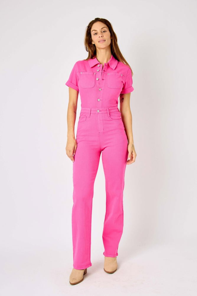 Judy Blue High Waist Garment Dyed Hot Pink Short Sleeve Straight Denim Jumpsuit 88834