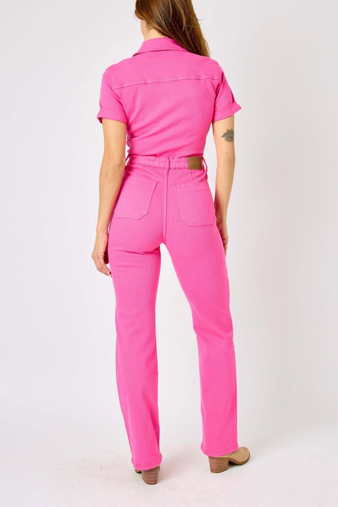 Judy Blue High Waist Garment Dyed Hot Pink Short Sleeve Straight Denim Jumpsuit 88834