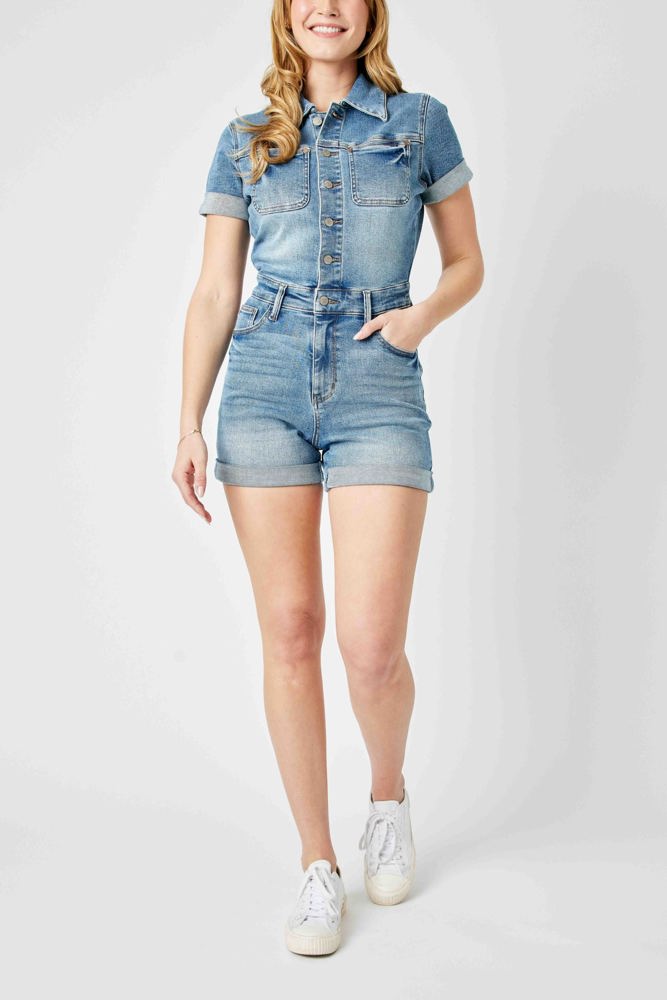 Judy Blue High Waist Short Sleeve Denim Romper 150244