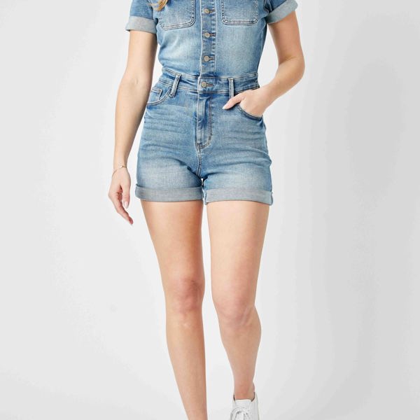 Judy Blue High Waist Short Sleeve Denim Romper 150244