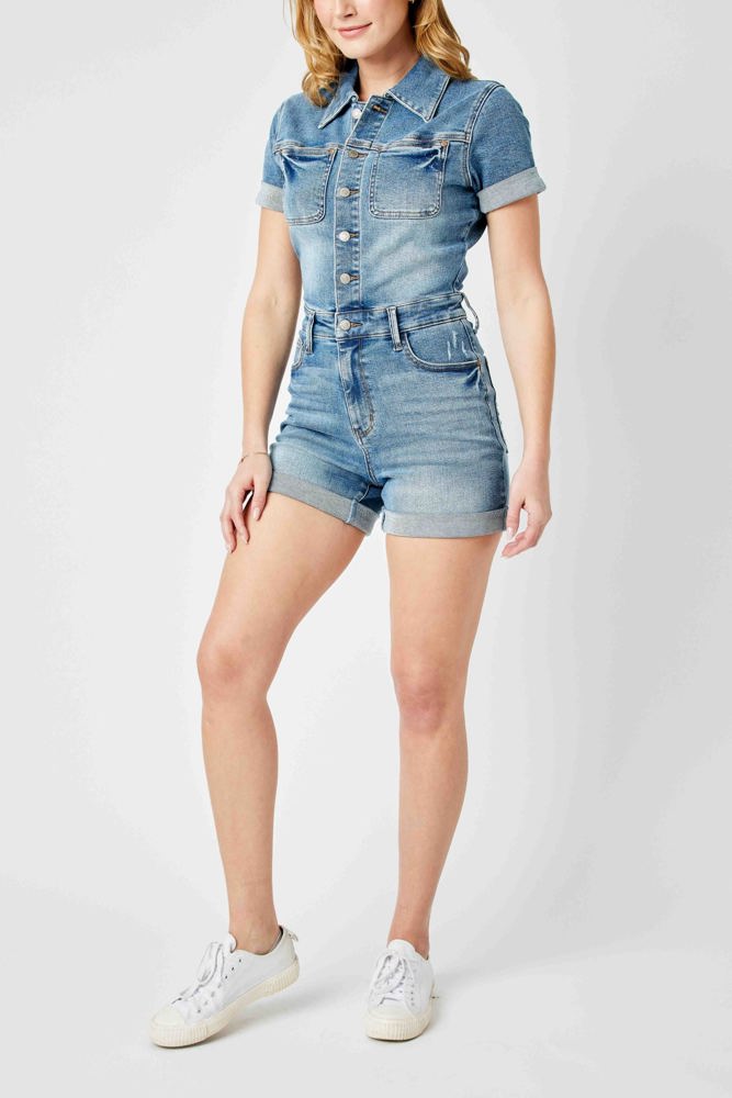 Judy Blue High Waist Short Sleeve Denim Romper 150244