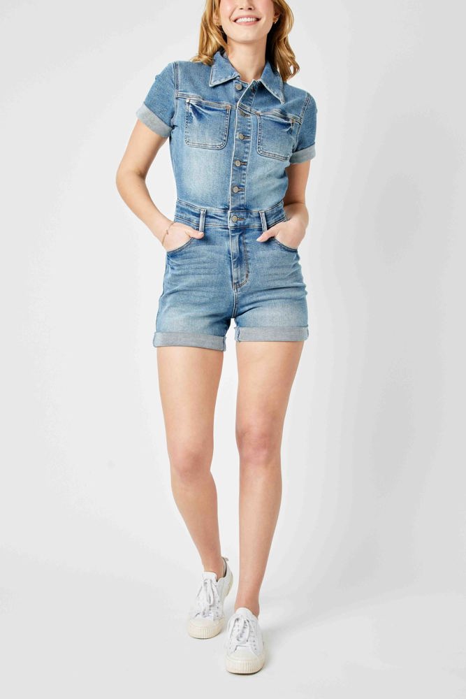 Judy Blue High Waist Short Sleeve Denim Romper 150244