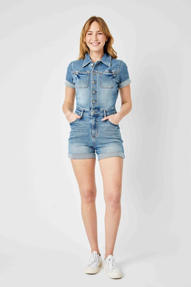 Judy Blue High Waist Short Sleeve Denim Romper 150244