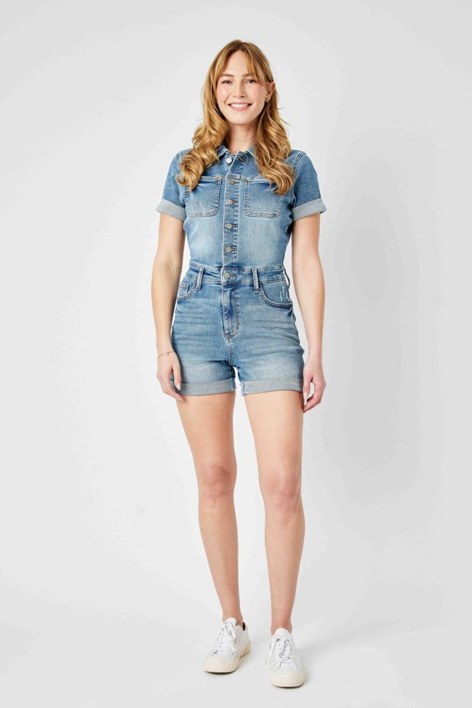 Judy Blue High Waist Short Sleeve Denim Romper 150244